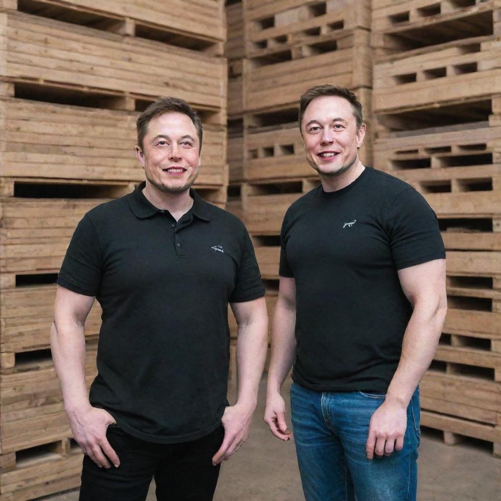 Elon Musk and MrBeast, both wearing broad smiles, standing in front of towering pallets stacked with money.