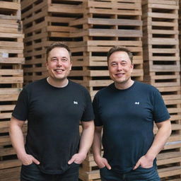 Elon Musk and MrBeast, both wearing broad smiles, standing in front of towering pallets stacked with money.