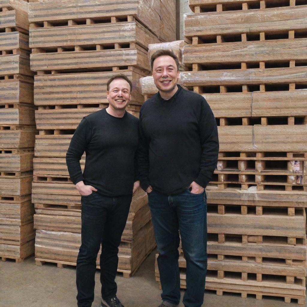 Elon Musk and MrBeast, both wearing broad smiles, standing in front of towering pallets stacked with money.