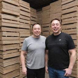 Elon Musk and MrBeast, both wearing broad smiles, standing in front of towering pallets stacked with money.