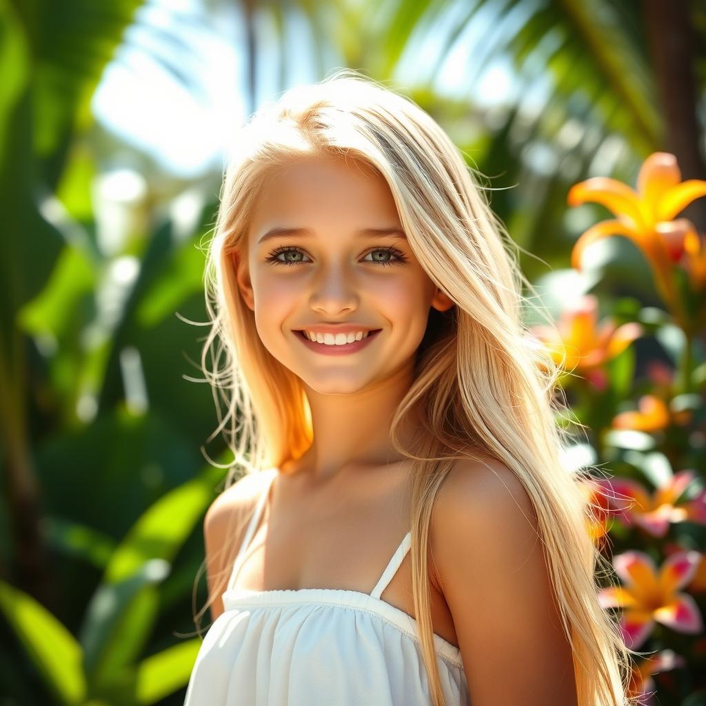 A beautiful blond Brazilian girl with a radiant smile, standing in a sunlit tropical setting