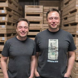 Elon Musk and MrBeast, both grinning widely, standing in front of stacked pallets of money