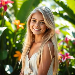 A beautiful blond Brazilian girl with a radiant smile, standing in a sunlit tropical setting