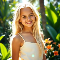 A beautiful blond Brazilian girl with a radiant smile, standing in a sunlit tropical setting