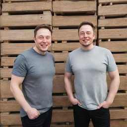 Elon Musk and MrBeast, both grinning widely, standing in front of stacked pallets of money