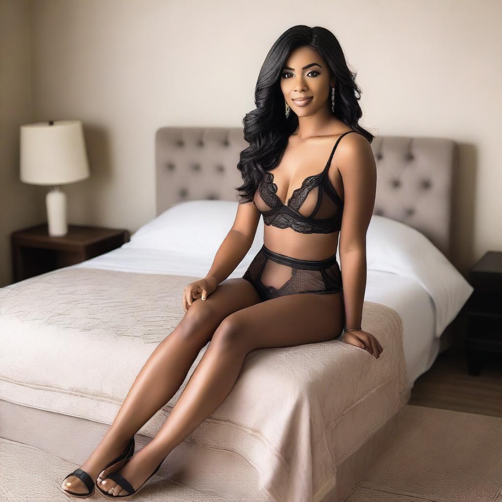 A professional photoshoot scene for a lingerie album featuring a woman in elegant lingerie and wedge sandals, sitting on a luxurious bed