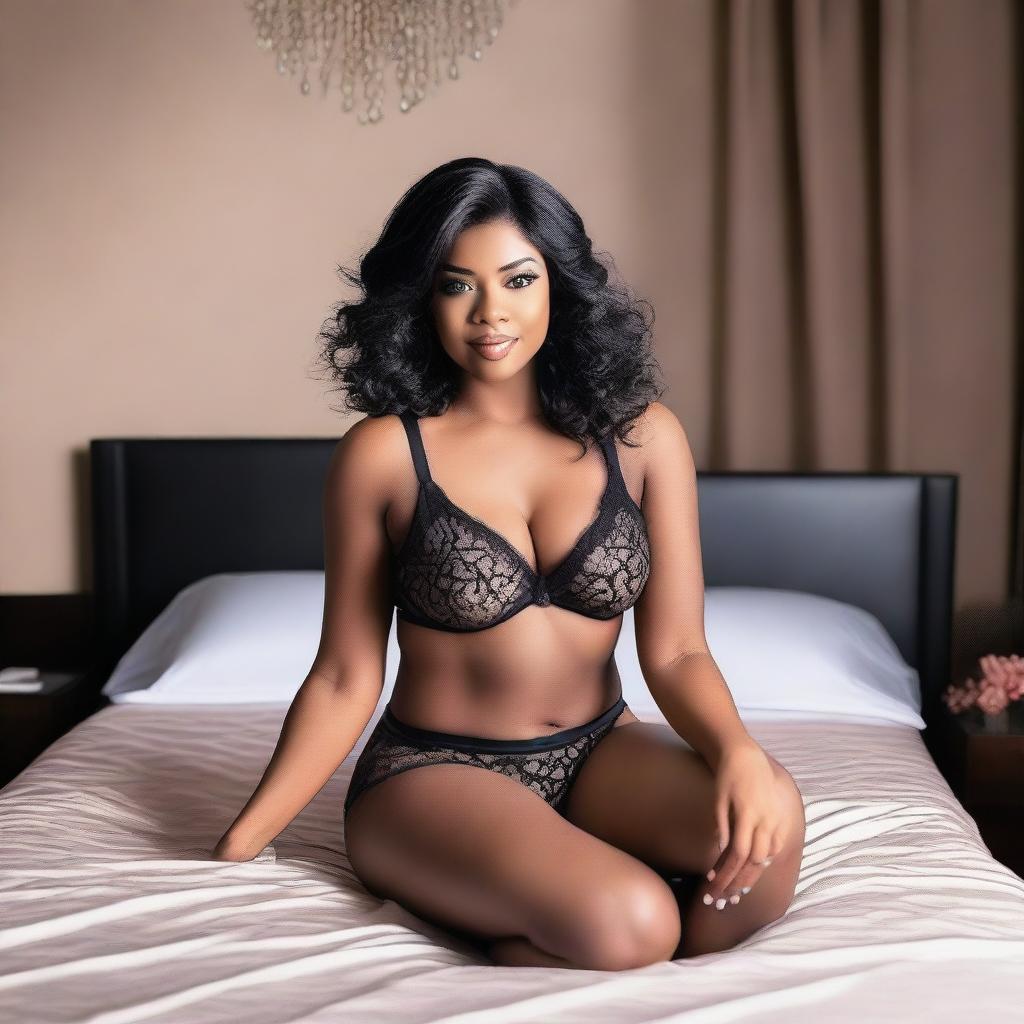 A professional photoshoot scene for a lingerie album featuring a woman in elegant lingerie and wedge sandals, sitting on a luxurious bed