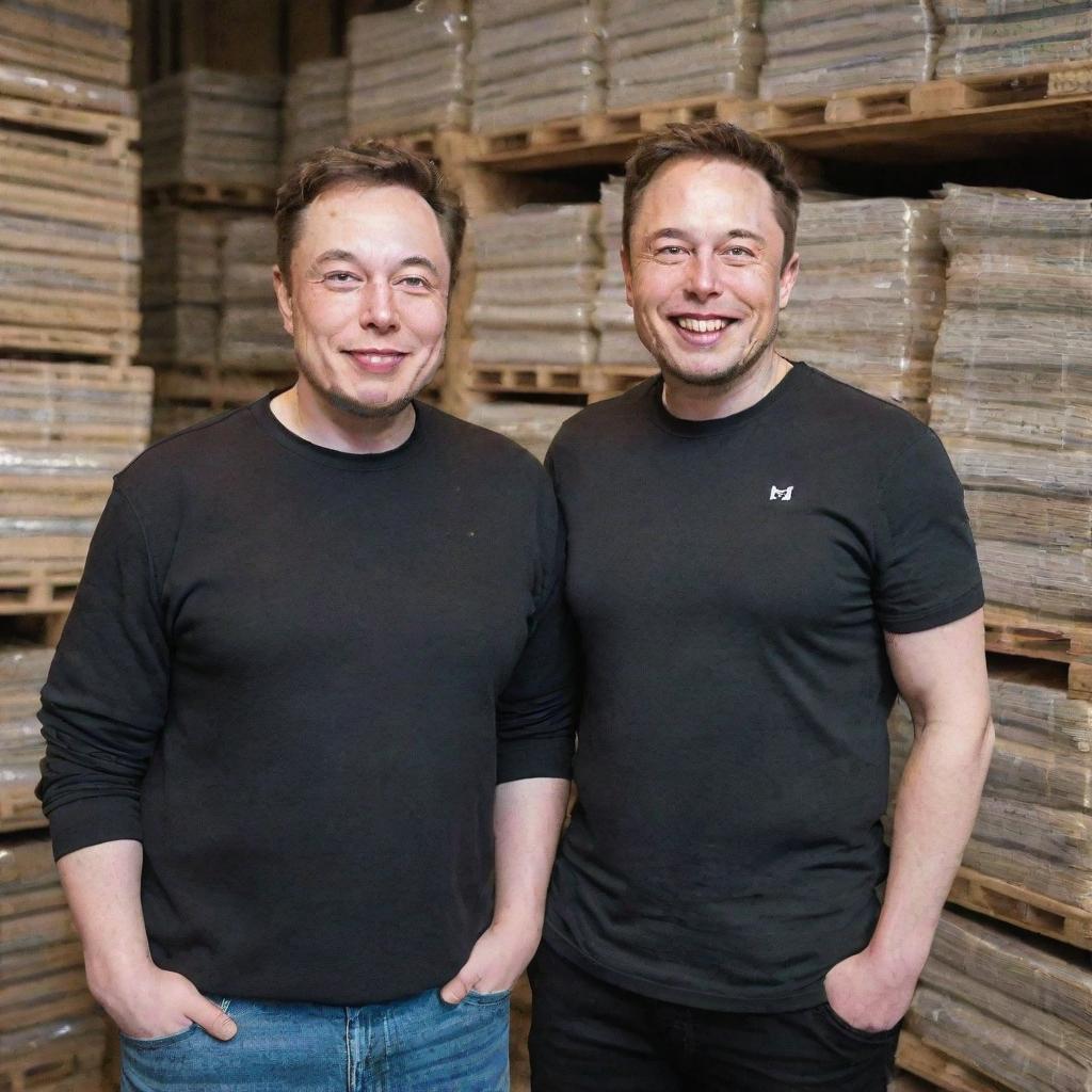 Elon Musk and MrBeast, both grinning widely, standing in front of stacked pallets of money