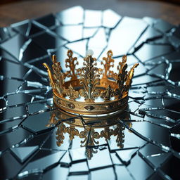 Create an image of a broken mirror with a crown placed on top of it