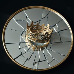 Create an image of a broken mirror with a crown placed on top of it