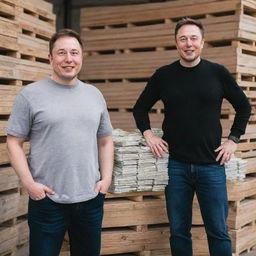 Elon Musk and MrBeast, both grinning widely, standing in front of stacked pallets of money