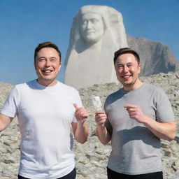 Smiling MrBeast and Elon Musk, both dressed in casual attire, standing cheerfully in front of a towering mountain of money, with clean, crisp banknotes.