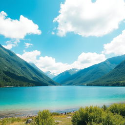 A serene landscape featuring a crystal-clear lake surrounded by lush green mountains, with a bright blue sky and fluffy white clouds