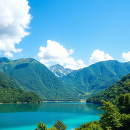 A serene landscape featuring a crystal-clear lake surrounded by lush green mountains, with a bright blue sky and fluffy white clouds