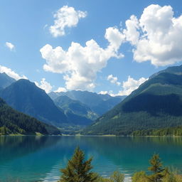 A serene landscape featuring a crystal-clear lake surrounded by lush green mountains, with a bright blue sky and fluffy white clouds