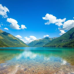 A serene landscape featuring a crystal-clear lake surrounded by lush green mountains, with a bright blue sky and fluffy white clouds