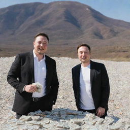 Smiling MrBeast and Elon Musk, both dressed in casual attire, standing cheerfully in front of a towering mountain of money, with clean, crisp banknotes.