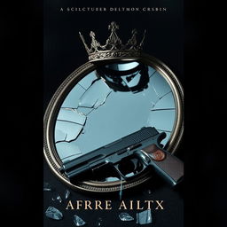 Create a book cover featuring a broken mirror with a crown on top of it and a gun