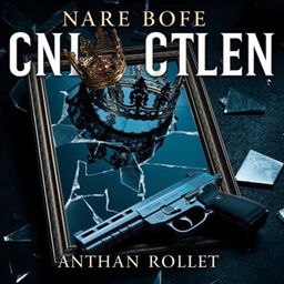 Create a book cover featuring a broken mirror with a crown on top of it and a gun