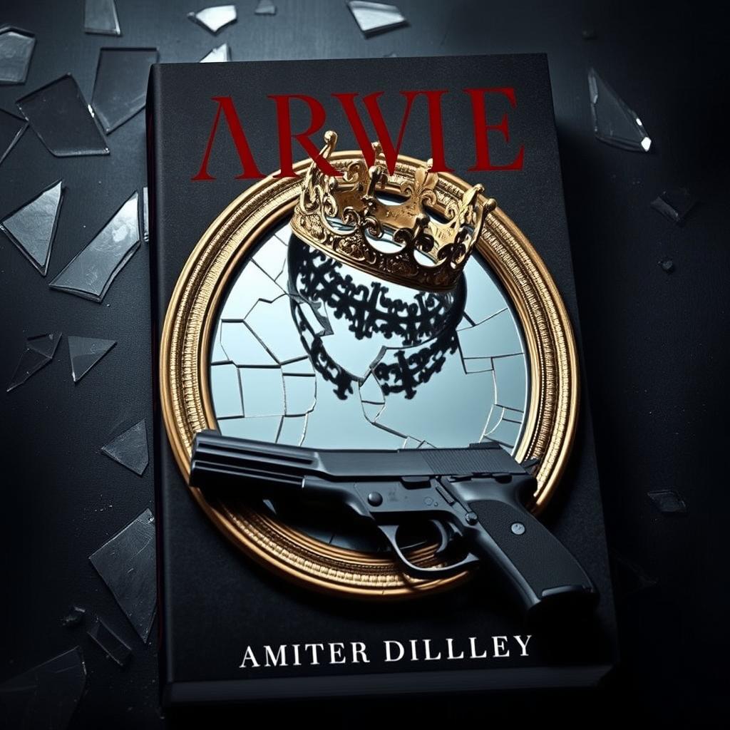 Create a book cover featuring a broken mirror with a crown on top of it and a gun