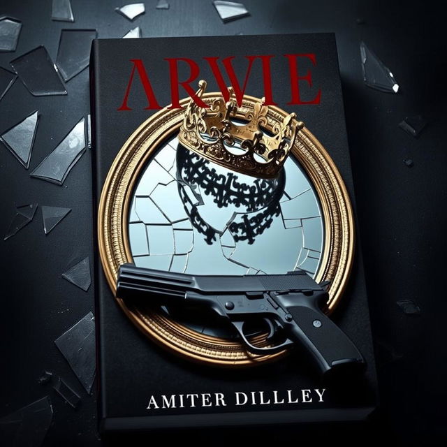 Create a book cover featuring a broken mirror with a crown on top of it and a gun