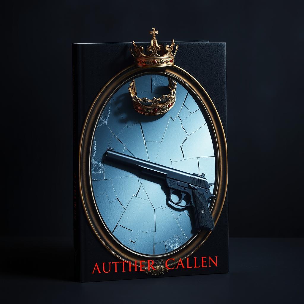 Create a book cover featuring a broken mirror with a crown on top of it and a gun