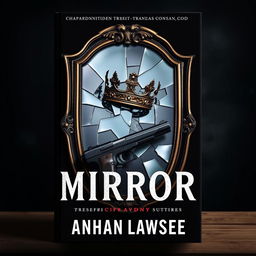 Create a book cover featuring a broken mirror with a crown on top of it and a gun