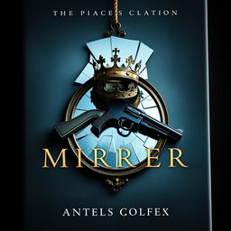 Create a book cover featuring a broken mirror with a crown on top of it and a gun