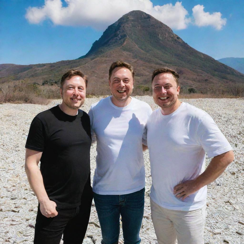 Smiling MrBeast and Elon Musk, both dressed in casual attire, standing cheerfully in front of a towering mountain of money, with clean, crisp banknotes.