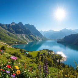 A beautiful landscape with mountains, a serene lake, and a clear blue sky