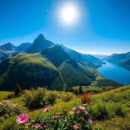 A beautiful landscape with mountains, a serene lake, and a clear blue sky