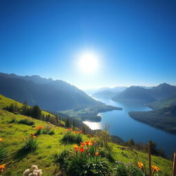 A beautiful landscape with mountains, a serene lake, and a clear blue sky