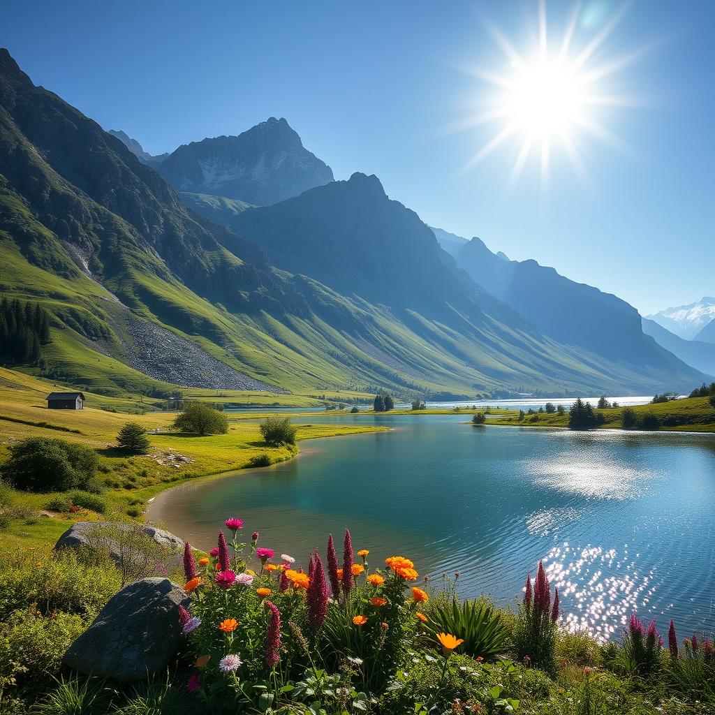 A beautiful landscape with mountains, a serene lake, and a clear blue sky