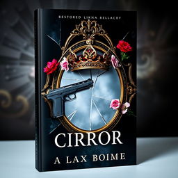 Create a book cover featuring a broken mirror with a crown on top of it