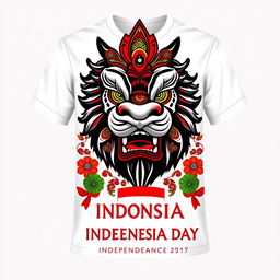 A stylish shirt design celebrating Indonesia Independence Day featuring elements of Reog Ponorogo, a traditional Indonesian dance