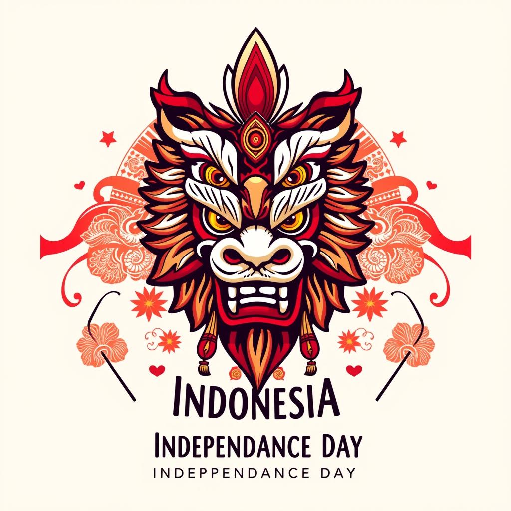 A stylish shirt design celebrating Indonesia Independence Day featuring elements of Reog Ponorogo, a traditional Indonesian dance