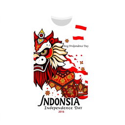 A stylish shirt design celebrating Indonesia Independence Day featuring elements of Reog Ponorogo, a traditional Indonesian dance