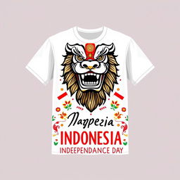 A stylish shirt design celebrating Indonesia Independence Day featuring elements of Reog Ponorogo, a traditional Indonesian dance