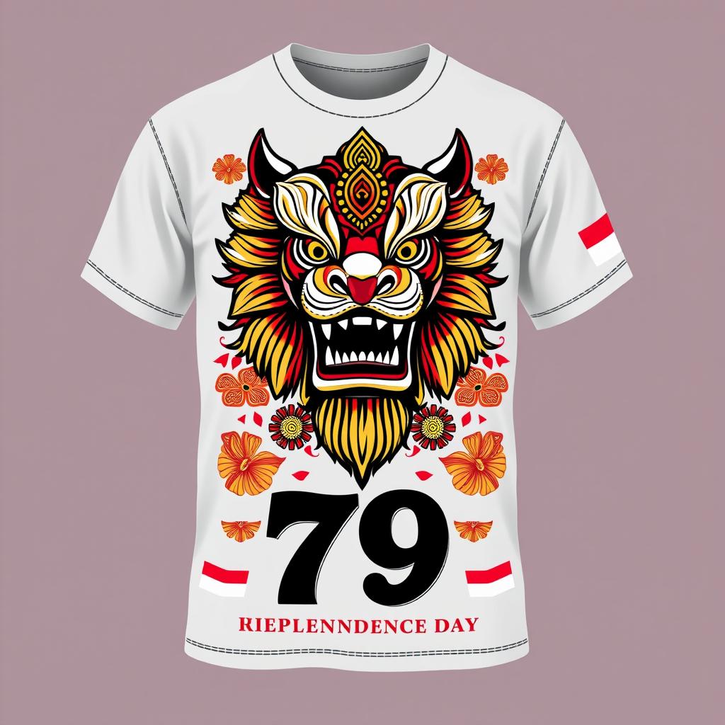 A stylish shirt design celebrating Indonesia's 79th Independence Day, featuring elements of Reog Ponorogo, a traditional Indonesian dance