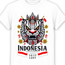 A stylish shirt design celebrating Indonesia's 79th Independence Day, featuring elements of Reog Ponorogo, a traditional Indonesian dance