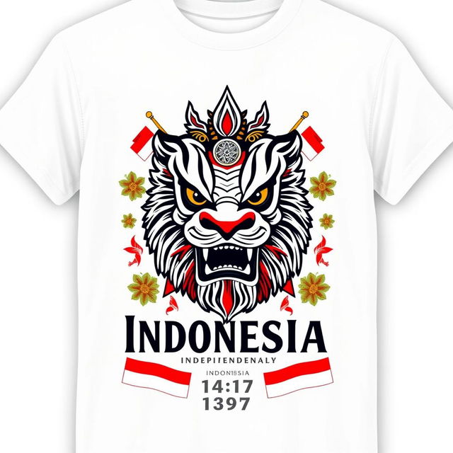 A stylish shirt design celebrating Indonesia's 79th Independence Day, featuring elements of Reog Ponorogo, a traditional Indonesian dance