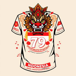 A stylish shirt design celebrating Indonesia's 79th Independence Day, featuring elements of Reog Ponorogo, a traditional Indonesian dance