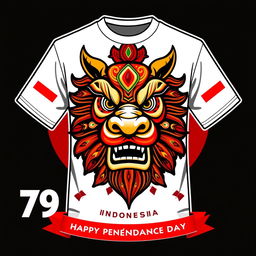 A stylish shirt design celebrating Indonesia's 79th Independence Day, featuring elements of Reog Ponorogo, a traditional Indonesian dance