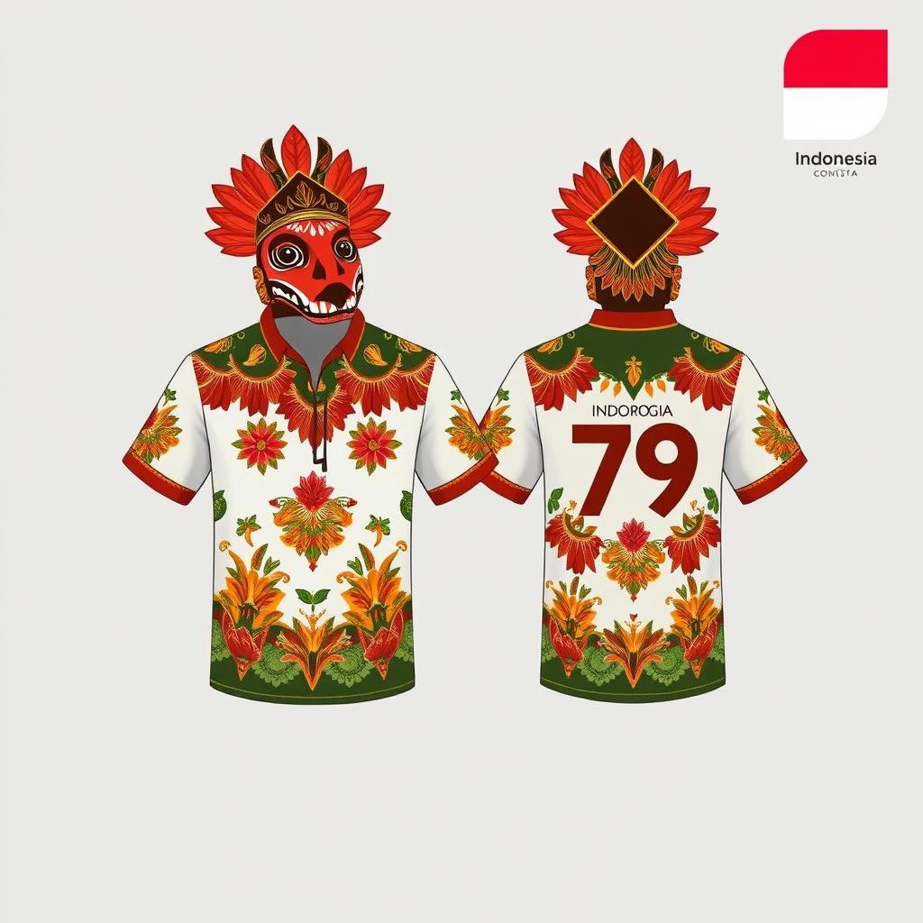 Desain kaos untuk karnaval kemerdekaan RI ke-79 yang menampilkan elemen Reog Ponorogo, sebuah tarian tradisional Indonesia