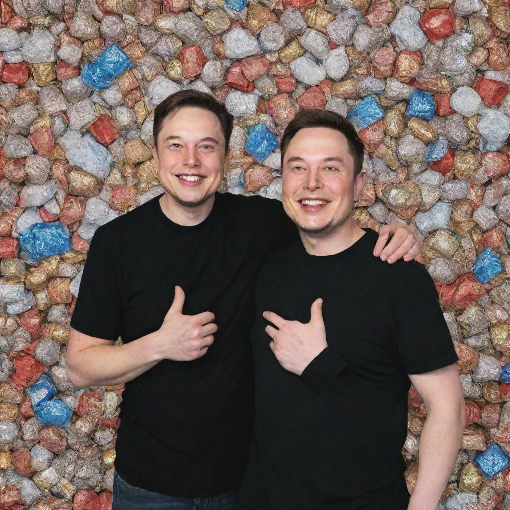 Create a detailed image of MrBeast and Elon Musk, both with joyful smiles, standing against an extravagant backdrop featuring million-dollar worth items.