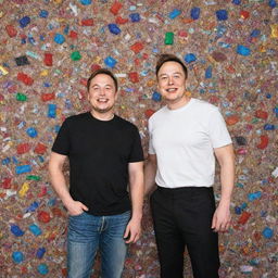 Create a detailed image of MrBeast and Elon Musk, both with joyful smiles, standing against an extravagant backdrop featuring million-dollar worth items.