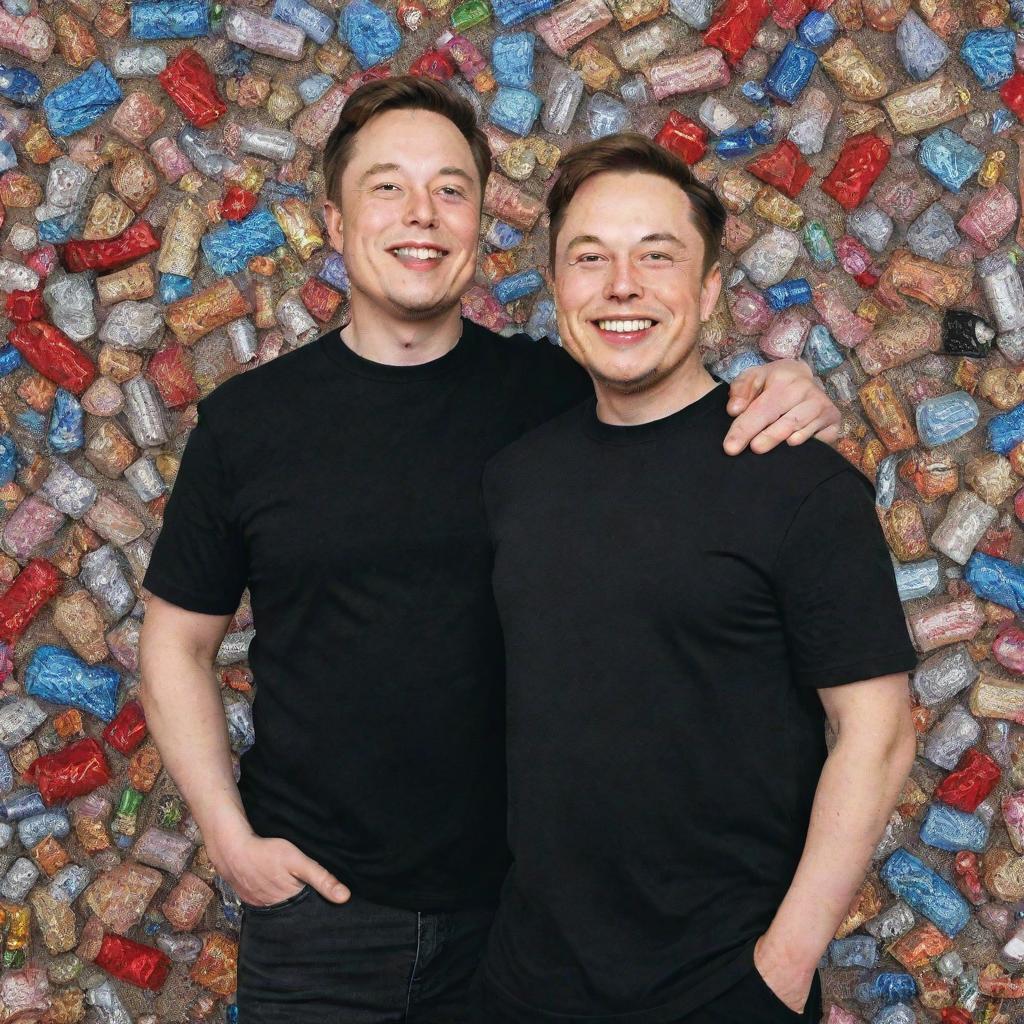 Create a detailed image of MrBeast and Elon Musk, both with joyful smiles, standing against an extravagant backdrop featuring million-dollar worth items.