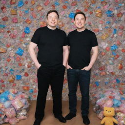 Create a detailed image of MrBeast and Elon Musk, both with joyful smiles, standing against an extravagant backdrop featuring million-dollar worth items.