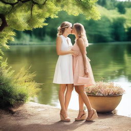 A heartwarming scene featuring two women sharing a kiss while wearing fashionable wedge sandals