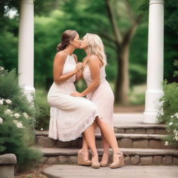 A heartwarming scene featuring two women sharing a kiss while wearing fashionable wedge sandals